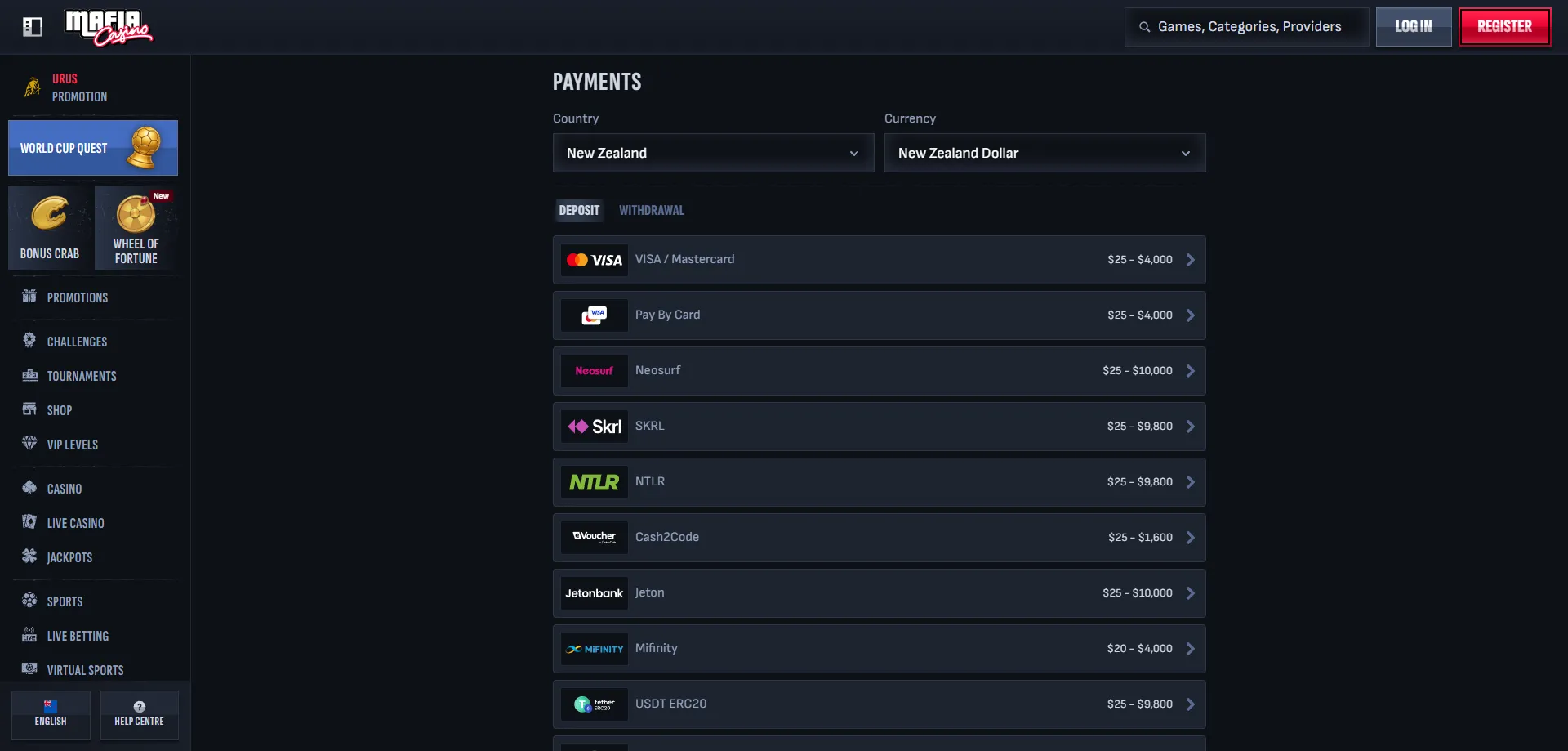 Mafia Casino NZ payment methods — crypto, cards, e-wallets deposit and withdrawal